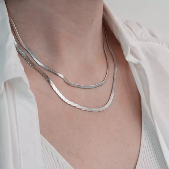Jewelry - Double Layered Snake Chain Choker Silver Flat Herringbone necklace